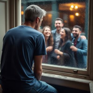 A person watches a group of friends from a window, symbolizing the feeling of being an outsider