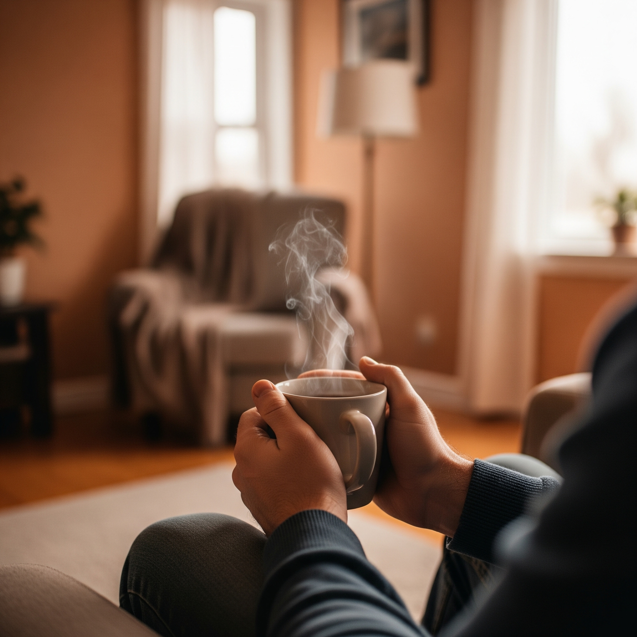 A man holds a warm mug, contemplating his adult autism diagnosis journey.