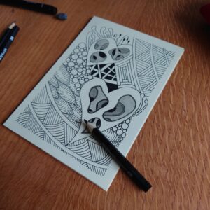 An ink and pencil drawing, showing how a creative flow state can provide a welcome distraction from anxiety.