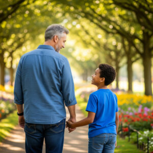 A father and son walk and talk together, representing family as a motivation for positive change.