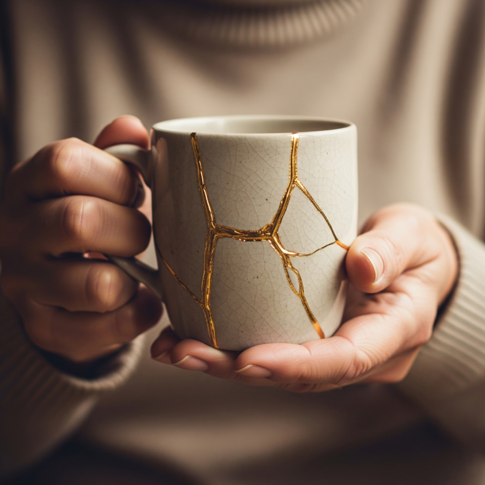 A close-up of a kintsugi mug, symbolising the beauty in repairing the hurt of autistic rejection sensitive dysphoria.