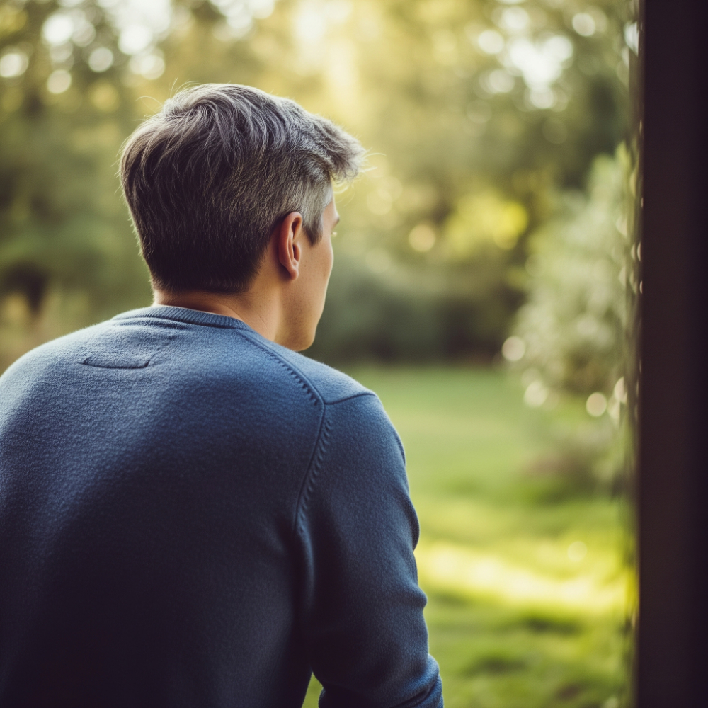 A man in a quiet moment of reflection, looking out of a window, illustrating the feeling of an autistic shutdown as a gentle retreat.