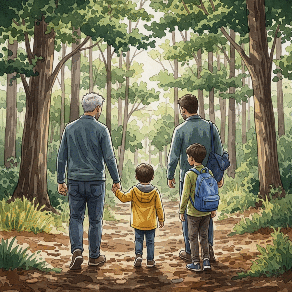 A family walking together in nature, illustrating the intersection of parenting and managing personal energy as an autistic person.