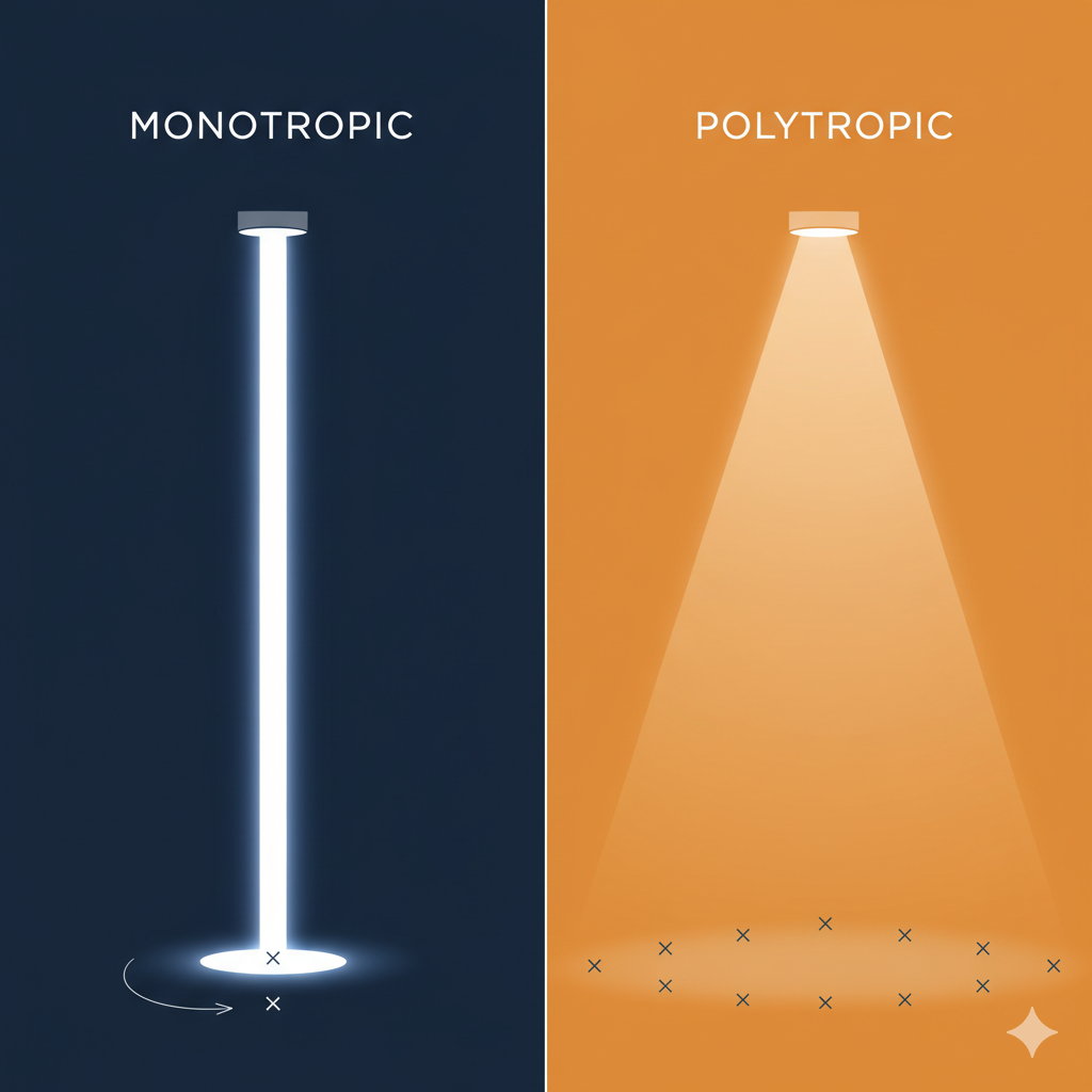 A diagram comparing monotropic thinking (a single, intense beam of light) with polytropic thinking (multiple, scattered beams of light).