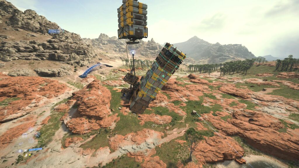 Death Strandings main character sam using ziplines created by other players to deliver packages from all over a a connecting world. A great example of autistic coding in video games.