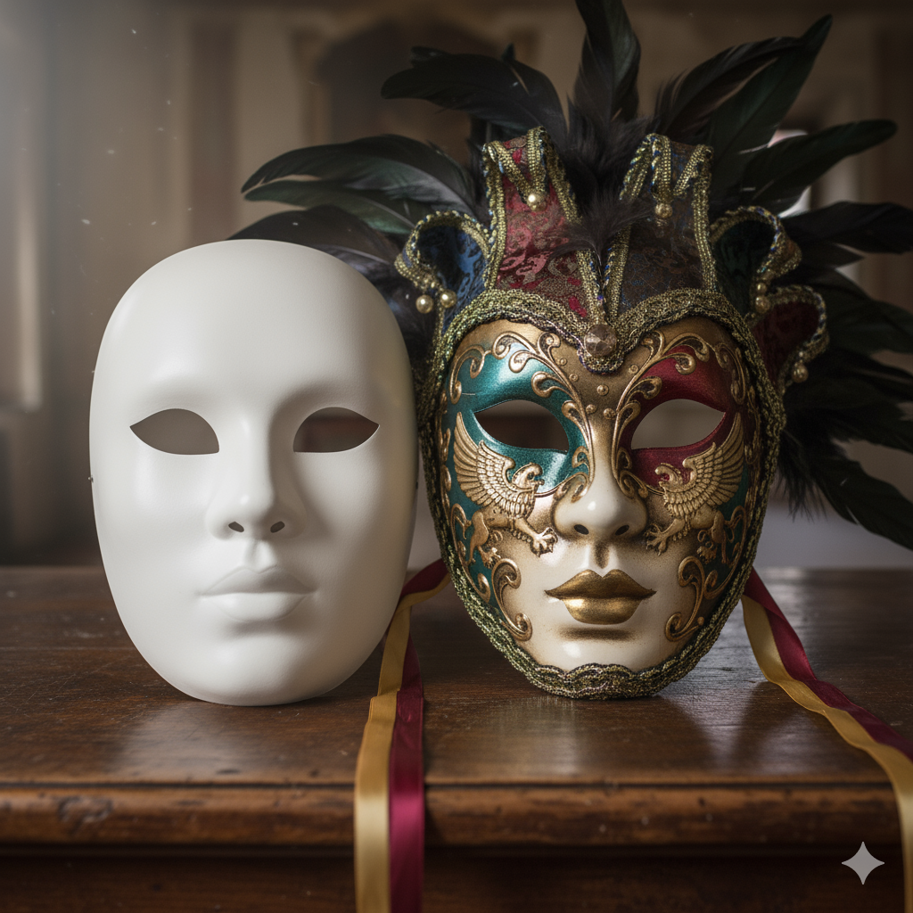 Two different masks illustrate the complex layers of identity in the journey of autistic unmasking.