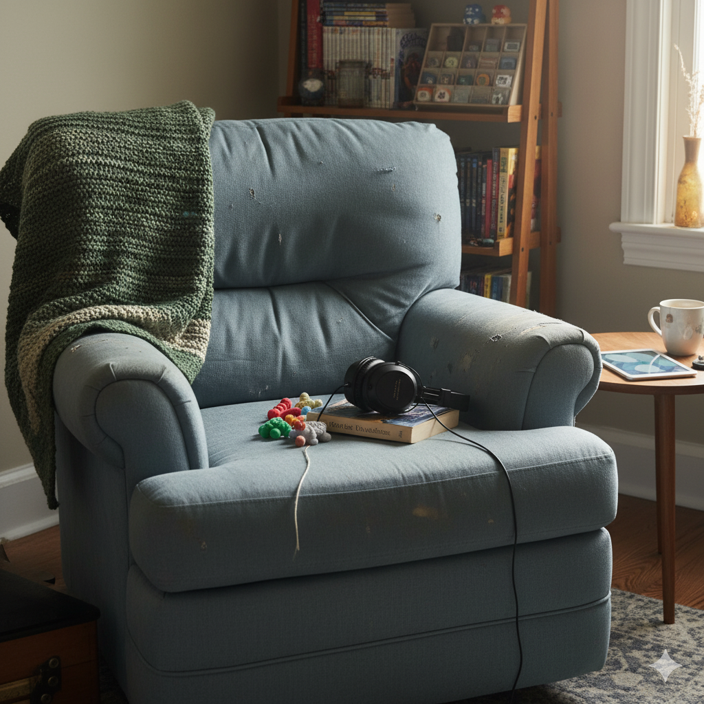 A comfortable armchair in a safe, quiet room, representing a space where an autistic person can unmask.