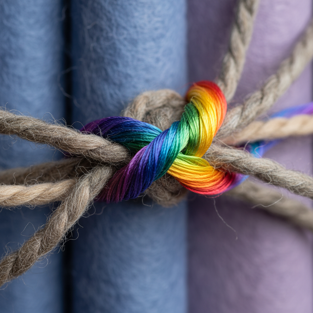 Intertwined threads of different colours, symbolising the complex intersection of autistic and LGBTQ+ identities.