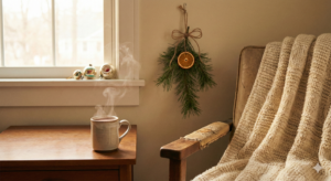 A cozy, quiet corner of a home, illustrating a low-demand festive environment.