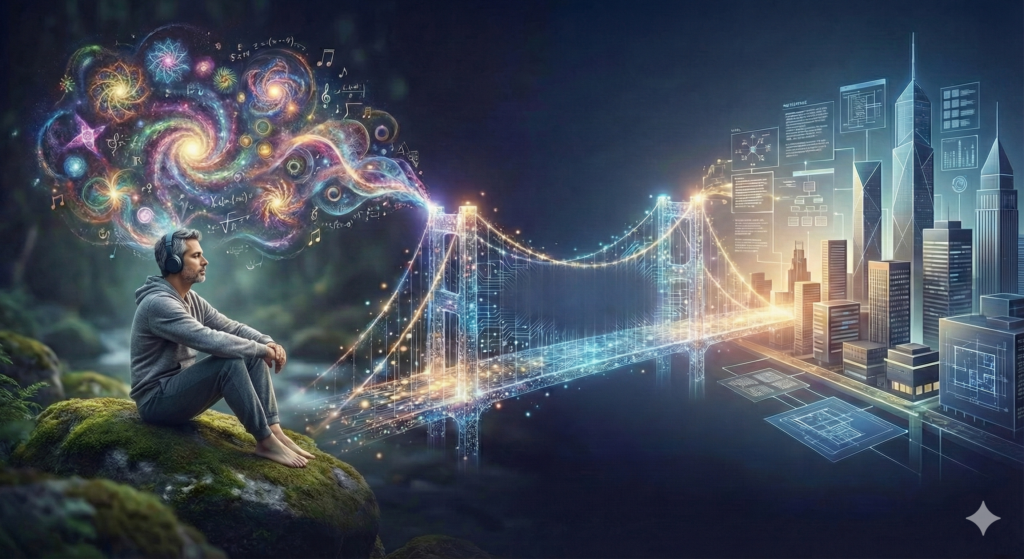 An image depoicting a digital bridge. AI for neurodivergent flow and executive function.