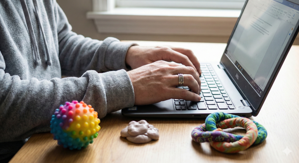 An autistic person using AI as a special interest tool at a sensory-friendly desk. AI for neurodivergent flow and executive function