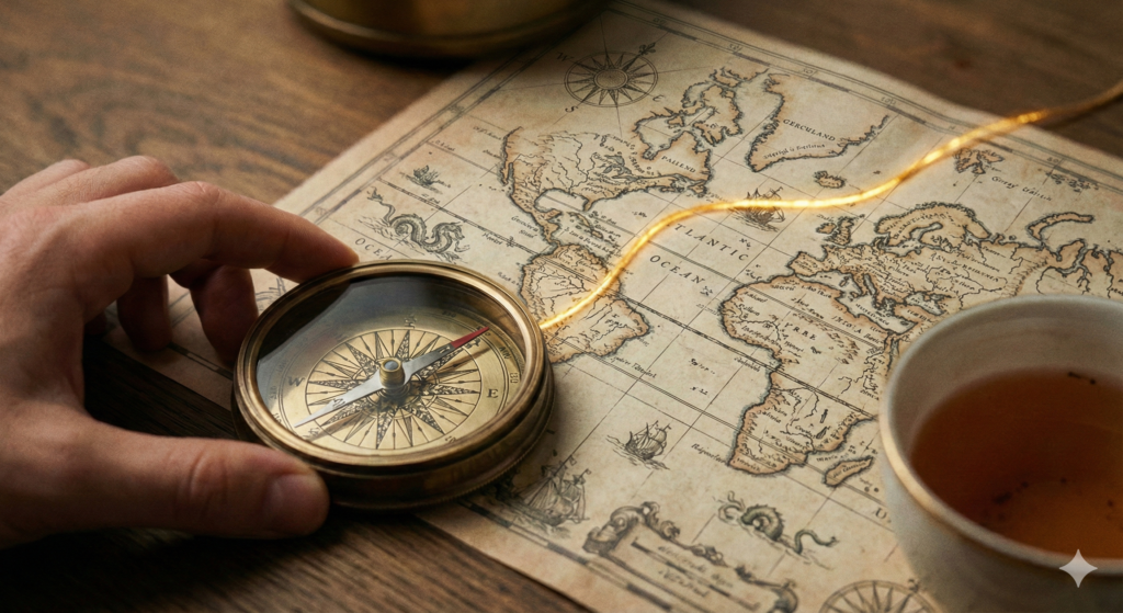 A photograph of a map and compass symbolising the journey from the unknown. The journey of late diagnosis of autism and ADHD.