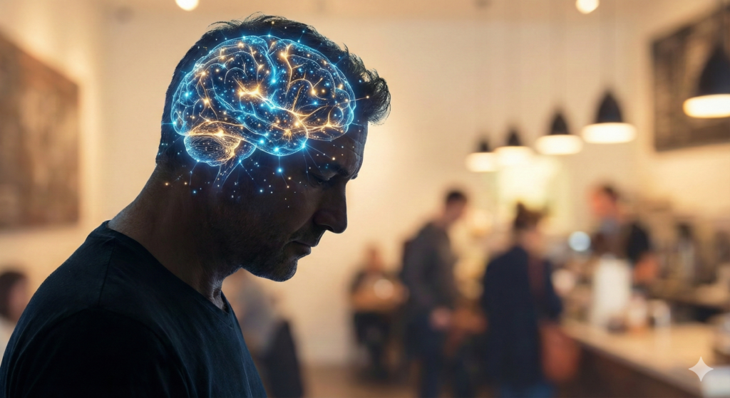 An image of a man with different neurological wiring perhaps that of late diagnosed autism or ADHD.