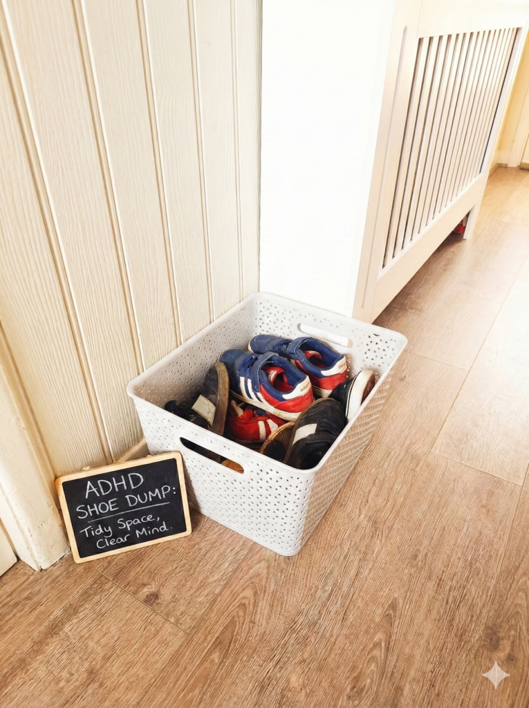 A basket used as a low-friction storage solution for shoes to manage messy adhd traits in a family home.