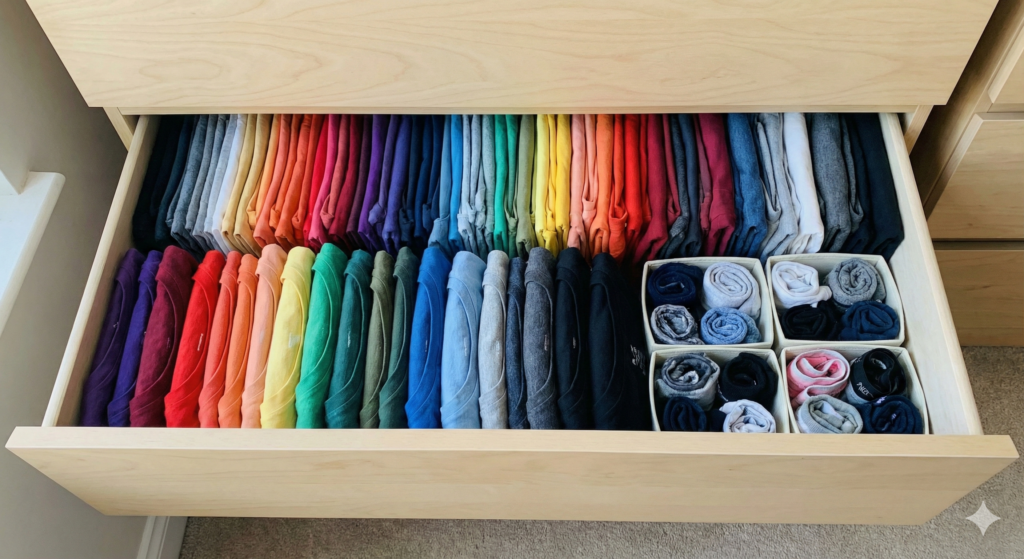 A drawer using the techniques of Marie Kondo a desperate attempt by an autistic brain seeking order.