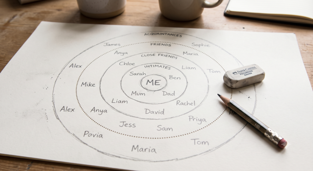 A hand-drawn relationship-circles chart showing different types of friendship at different distances from the self.