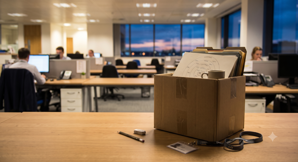An emptied desk on a last day, illustrating how situational work friendships fade among the types of friendship.