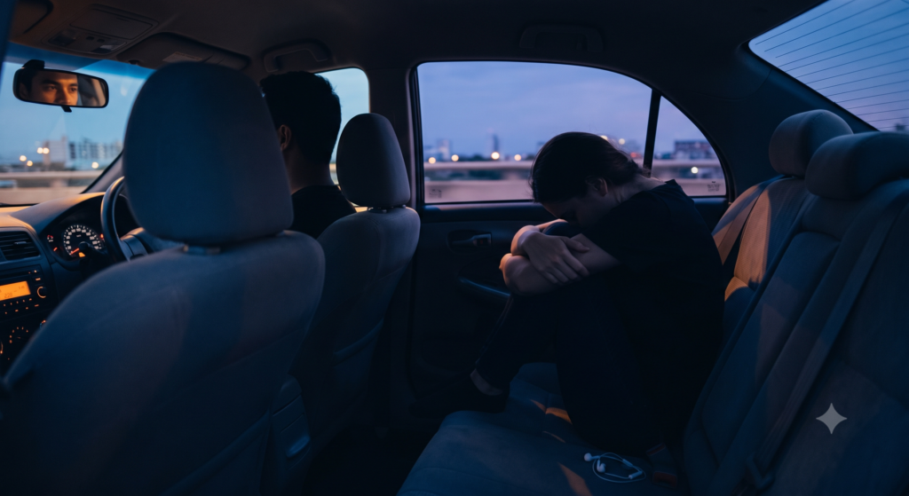 A quiet figure in a car's back seat at dusk, illustrating fear and shame as quiet passengers in a neurodivergent life.
