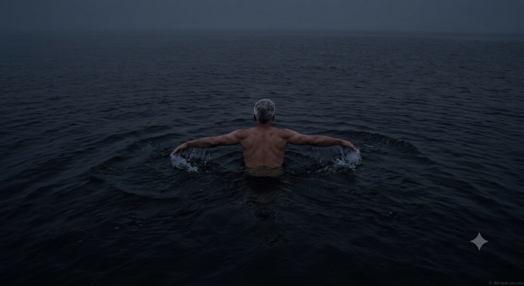 Person treading water alone with no shore in sight, a metaphor for living with fear and shame while carrying on.